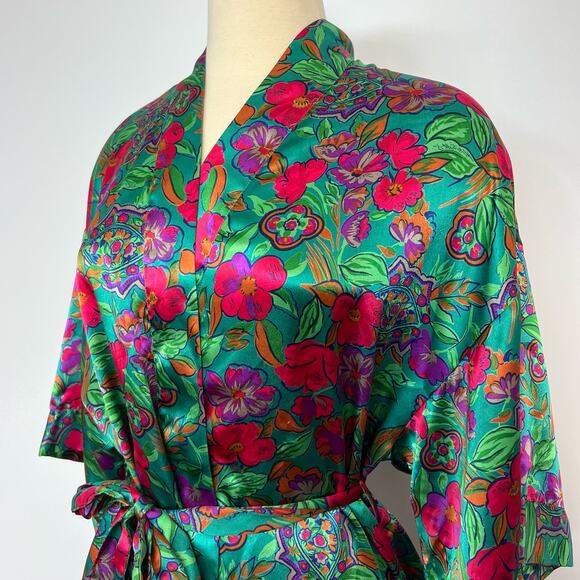 Cacique Vintage Short Satin Robe Kimono Green Floral  | Size: Small - Picture 6 of 9